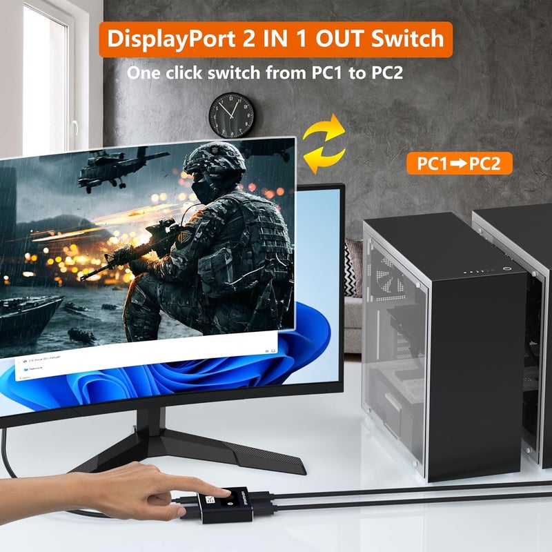 Closs DisplayPort Switch 2 in 1 Out, 8K@60Hz DP 1.4 Switcher Selector Box, Unidirectional Display Port Switcher for Dual PCs & Gaming Consoles, 4K@144Hz DP Switch with DSC Support (DP Cables Not Included) - Image 4